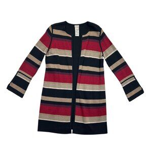 Chicos Cardigan Womens Medium Black Tan‎ Red Striped Longline Open Front
